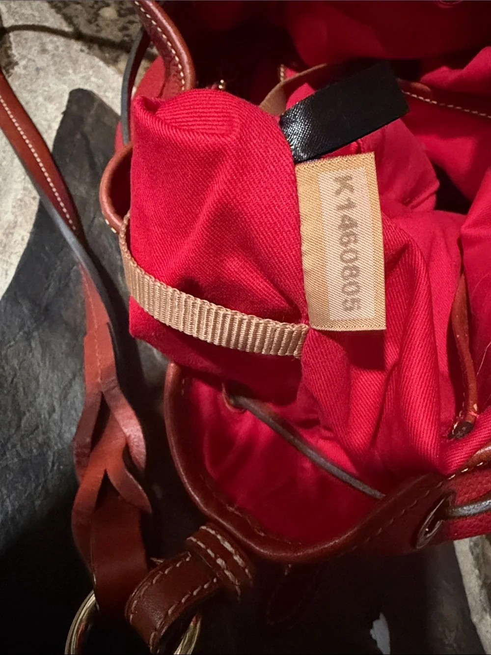 Dooney & Bourke Red Pebbled Leather Drawstring Bucket with Brown Trim